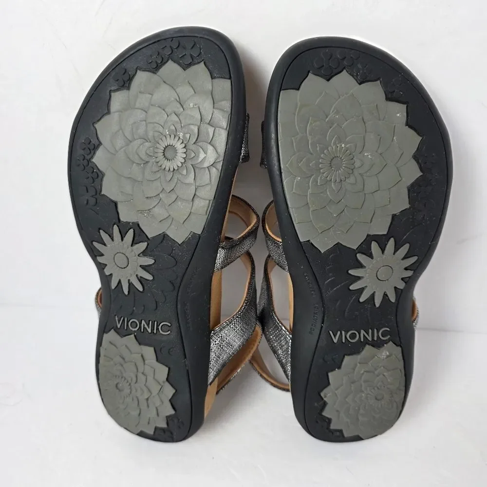 Vionic Amber Black Metallic Sandals Strappy Womens Shoes Silver Size 9